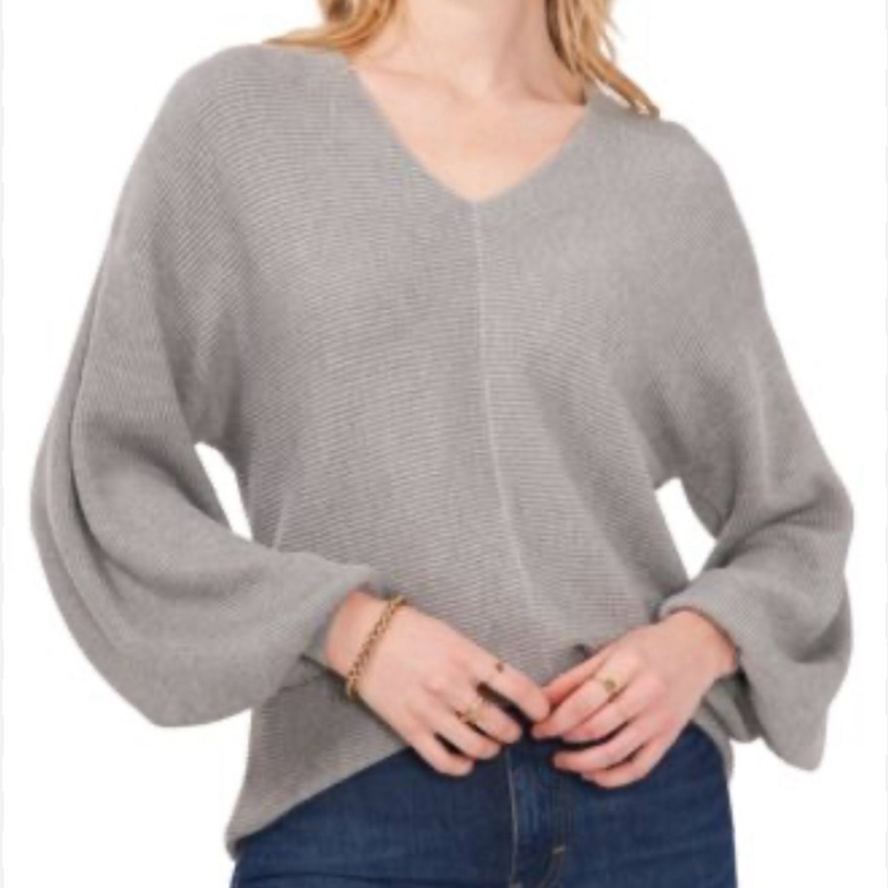 1. State Ribbed Balloon Sleeve Pullover Sweater. Size L. Dark gray. V-neck.